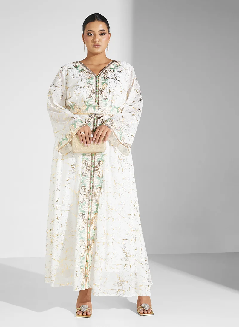 Plus Size Embroidered Jalabiya White