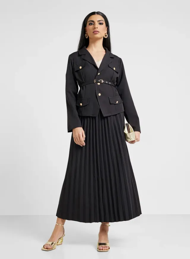 Black Blazer Set with Pleated Maxi Skirt - 2 Pieces – image 5