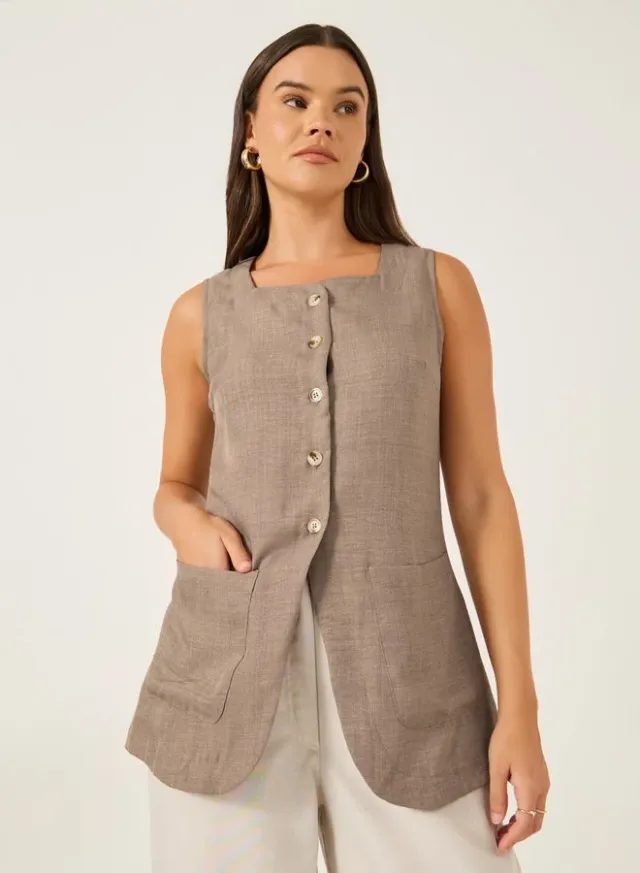 Linen Look Longline Waistcoat Rosewood