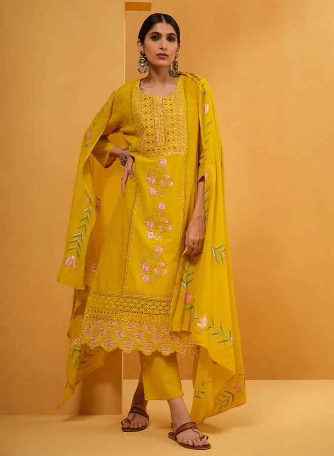 Women's Embroidered Cotton 3-Piece Kurta Palazzo Set - Yellow