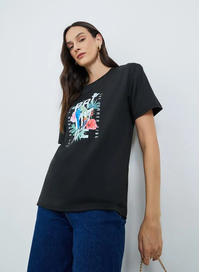 Tropical Print Short Sleeve T-Shirt Black