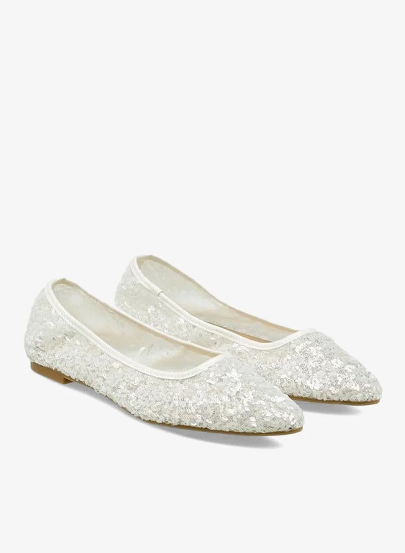 Sequin Embellished Ballerina Shoes White