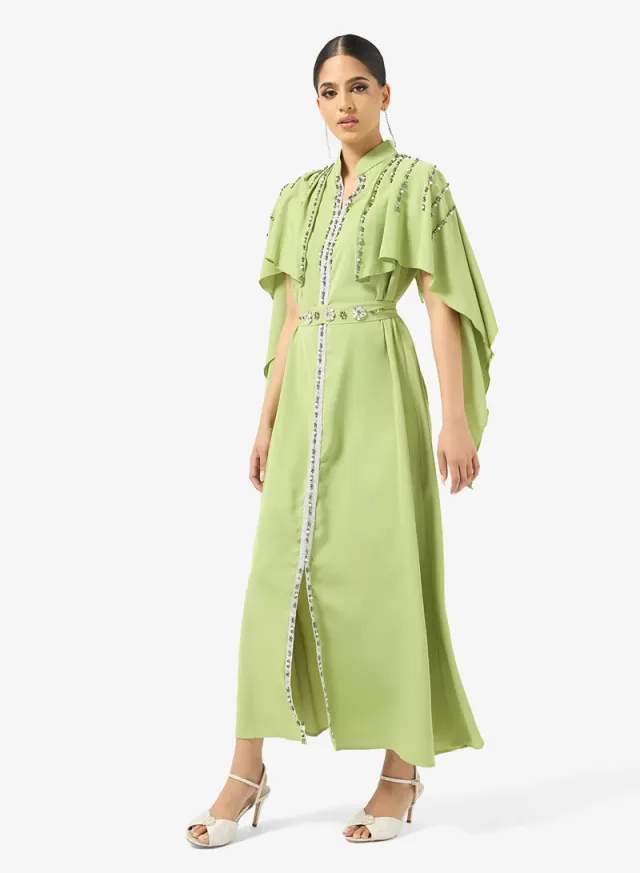 Lime Green Embellished Maxi Cape-Style A-Line Dress – image 4