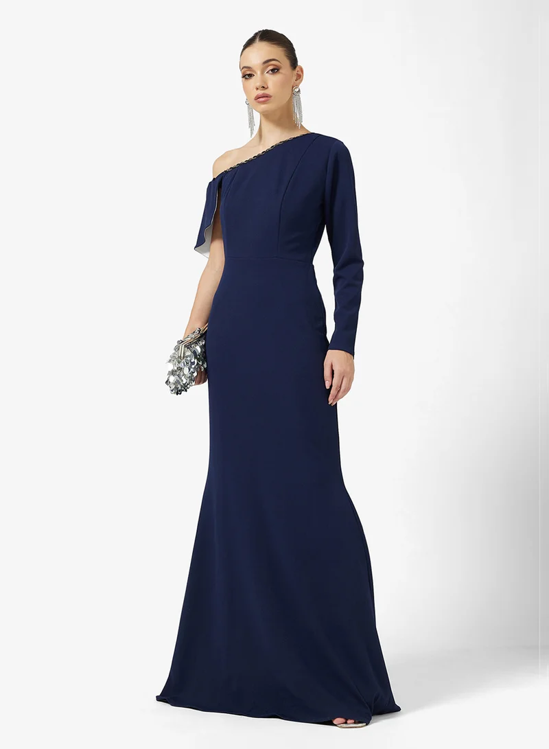 Asymmetric Jewel Mermaid Dress Deep Navy Blue