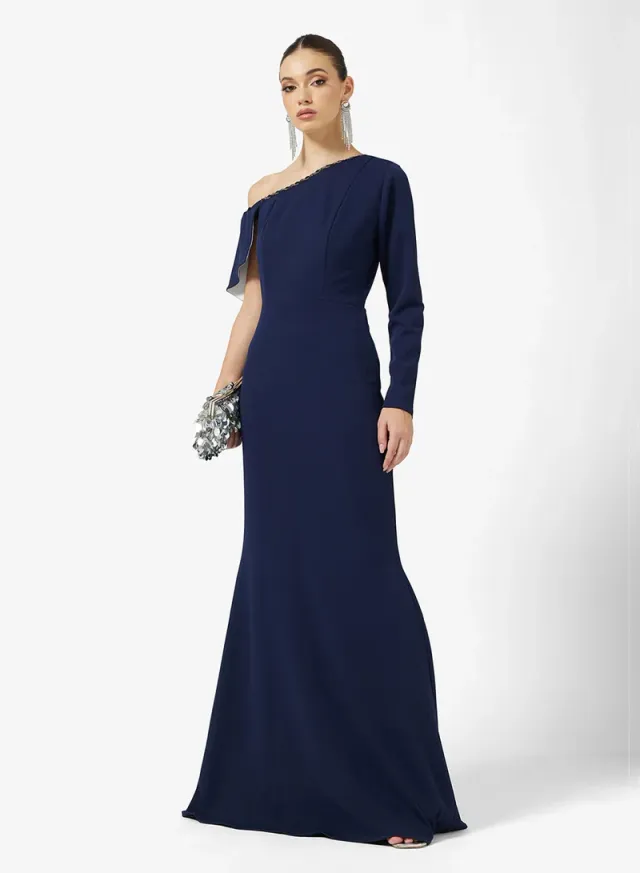 Asymmetric Jewel Mermaid Dress Deep Navy Blue