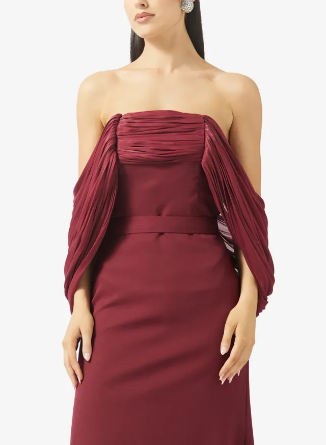 Burgundy Off-Shoulder Asymmetric Maxi Evening Gown – image 3