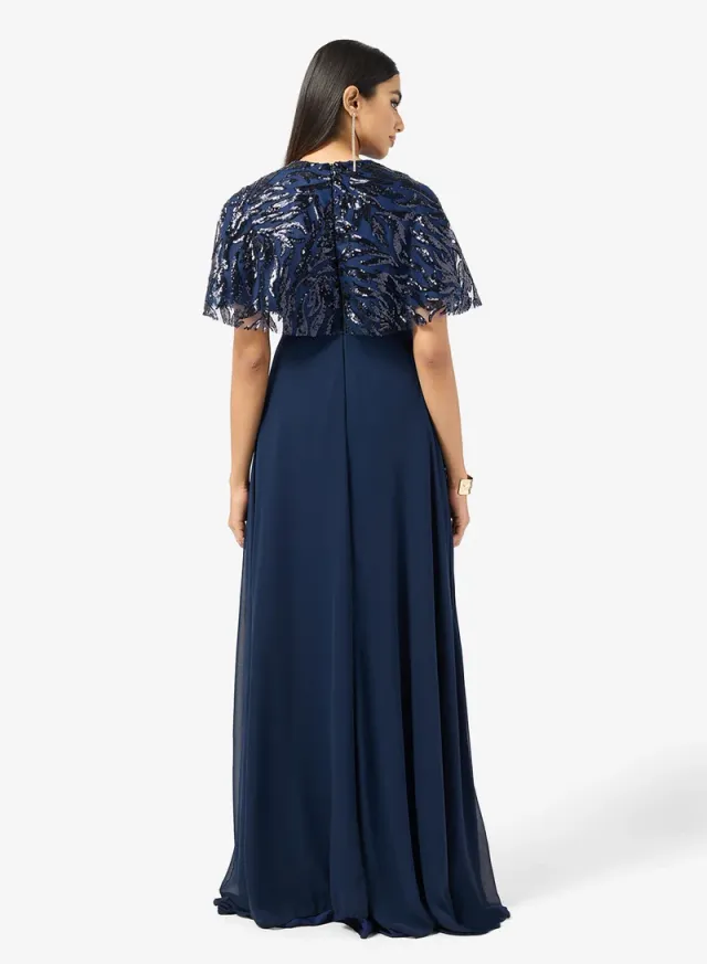 Navy Blue Embellished A-Line Maxi Dress with Short Sleeves – image 2