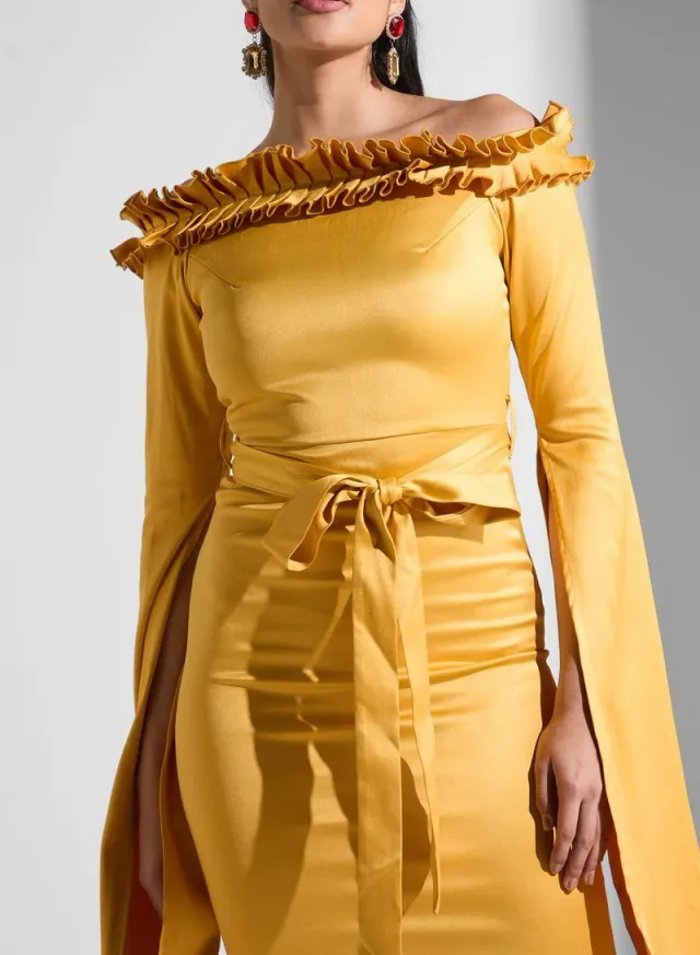 Mustard Yellow Off-Shoulder Maxi Dress with Cinched Waist and Long Sleeves – image 3
