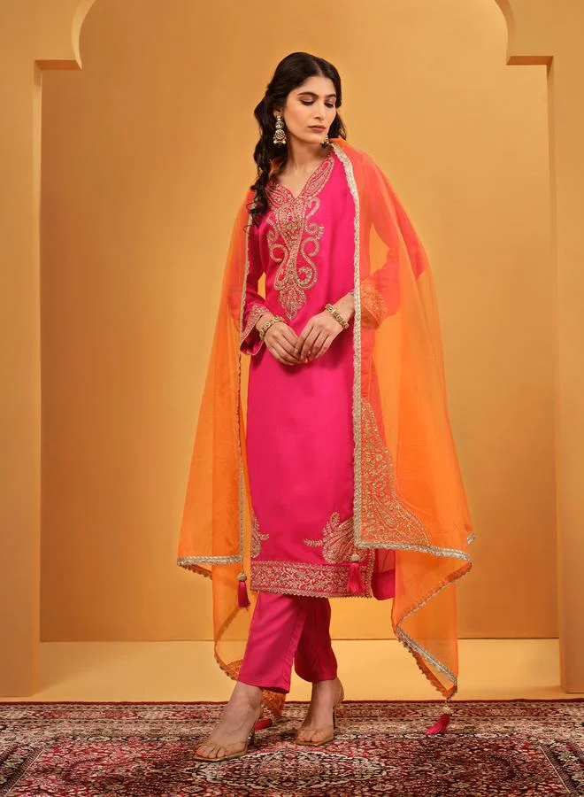 Women's Silk Blend Embellished Kaftan Kurta Palazzo Set - Pink