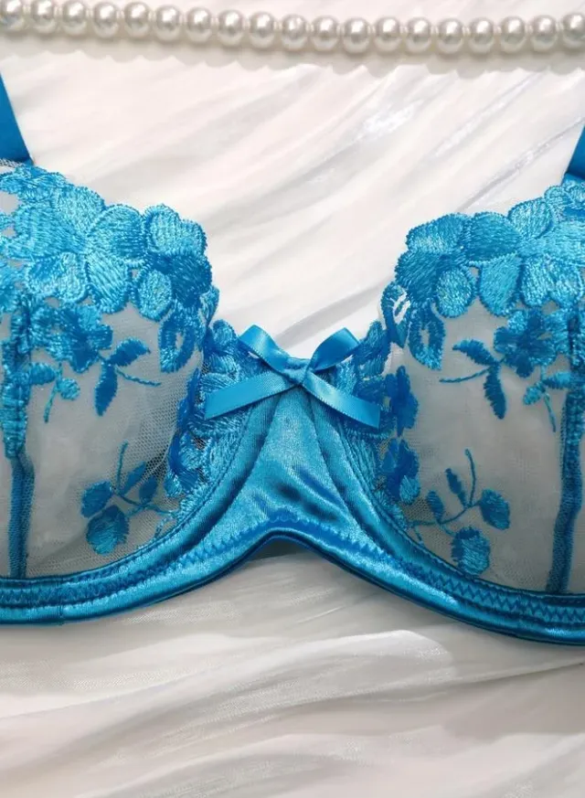 Floral Embroidered Mesh Bra and Brief Set Blue – image 3