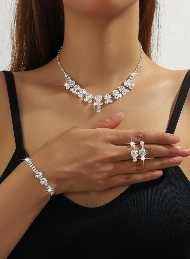 Silver Rhinestone Embellished Necklace with Bracelet and Earrings Set