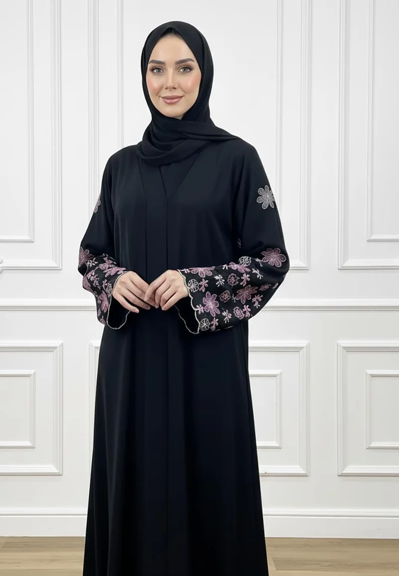 عباية Amethyst Flora بأكمام صدفية أسود