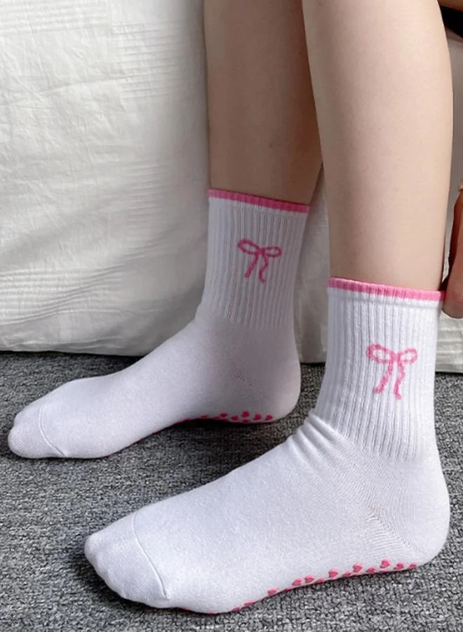 Bow Print Heart Silicon Pad Socks White