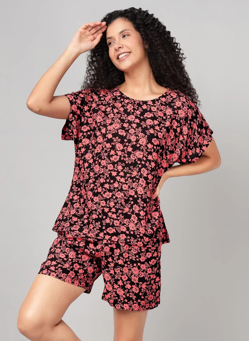 Clovia Floral Print Rayon Top & Shorts Set Black