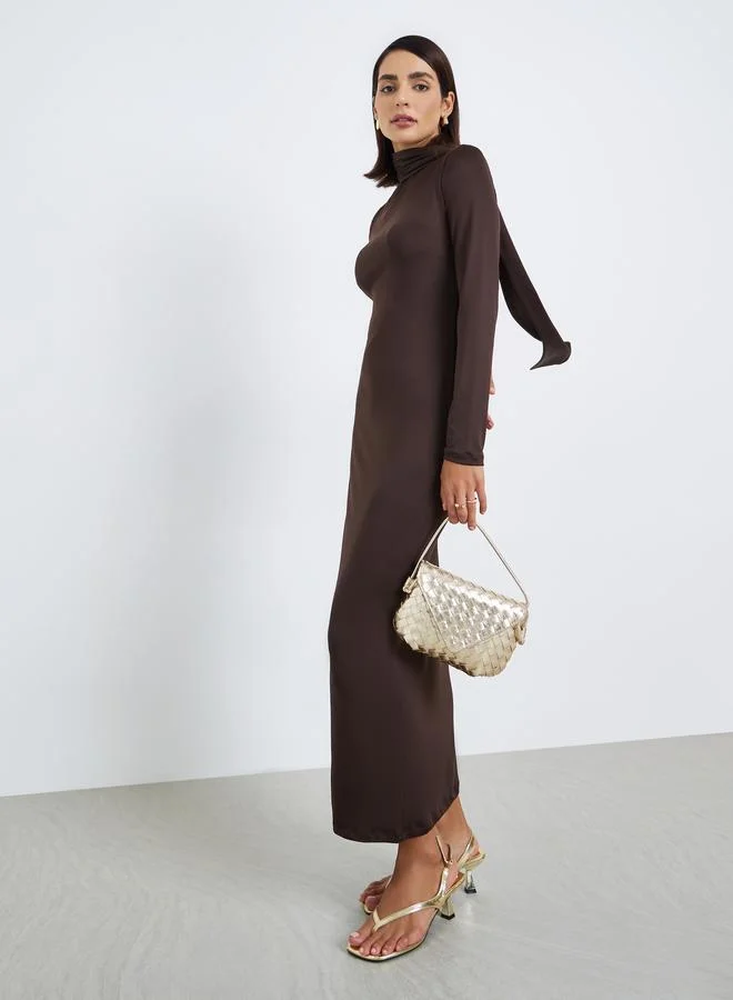 Scarf-Neck Casual Midi Dress Dark Brown