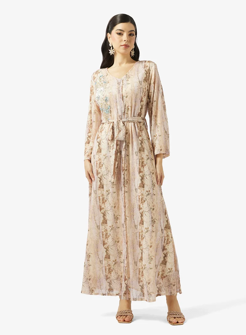 Floral Print Jalabiya Pale Beige
