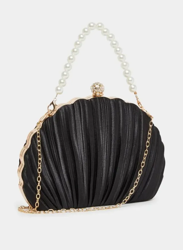 Pleated Clutch with Faux Pearl Handle Black – image 4