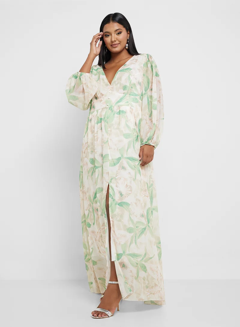 Floral Chiffon Maxi Dress Beige