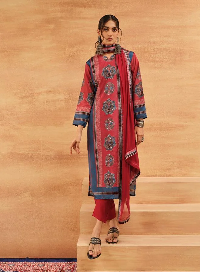 Women's Printed Chinon 3-Piece Kurta Set Red