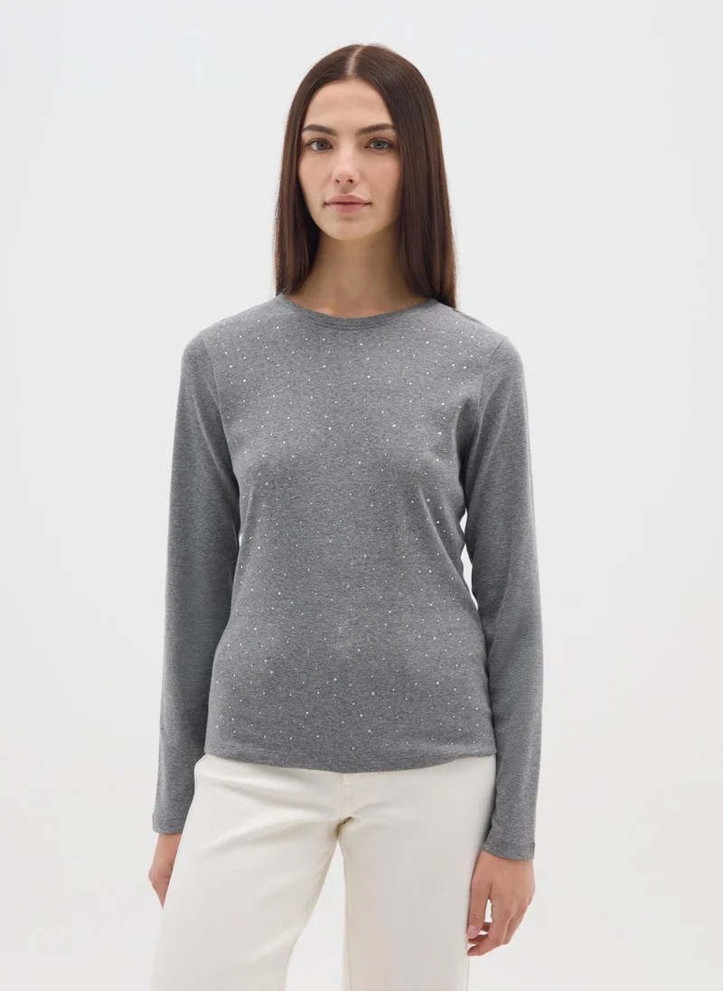 OVS Rhinestone Long-Sleeve Cotton Top Grey