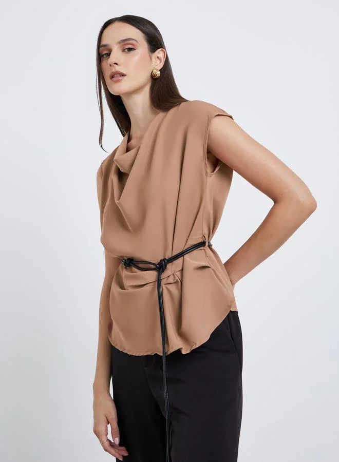 Styli Draped Sleeveless Belted Blouse Brown