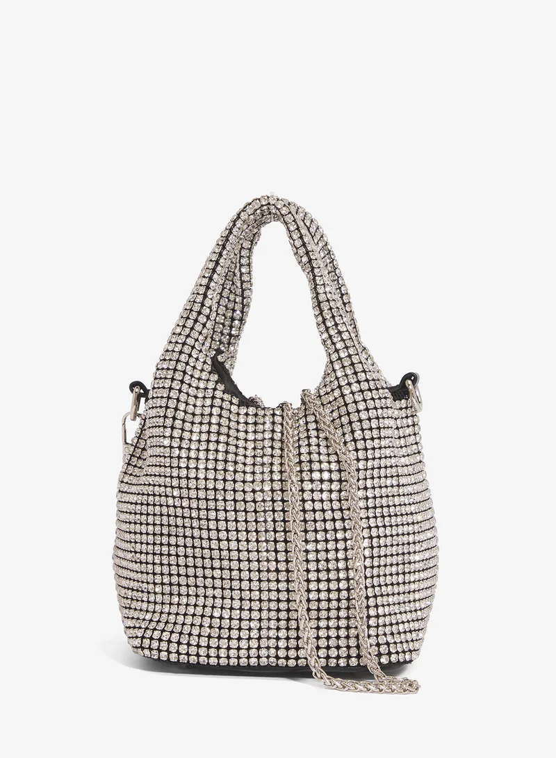 Rhinestone Metallic Handle Bag Silver
