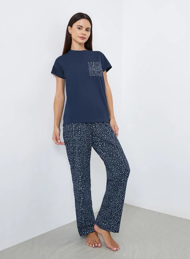 Star Print Pocket T-Shirt & Pyjama Set Deep Blue