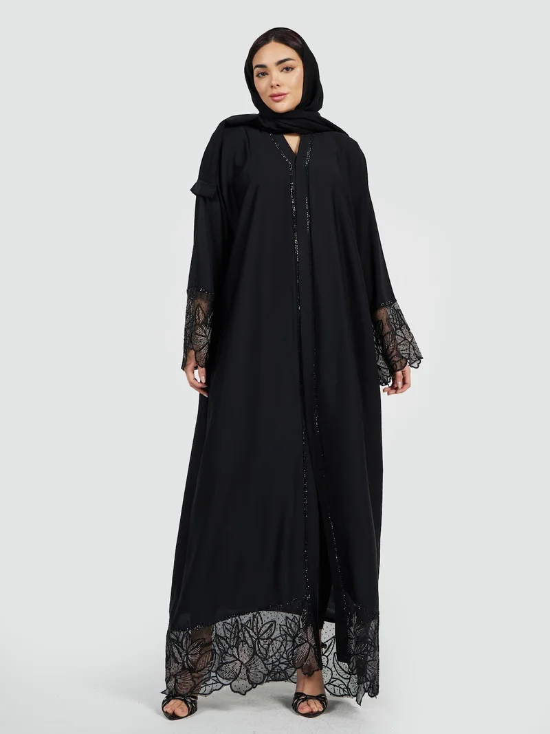 Beaded Lace Hem Abaya Black