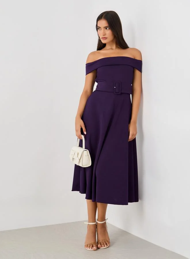 Styli Off Shoulder Belted A-Line Midi Dress Deep Purple