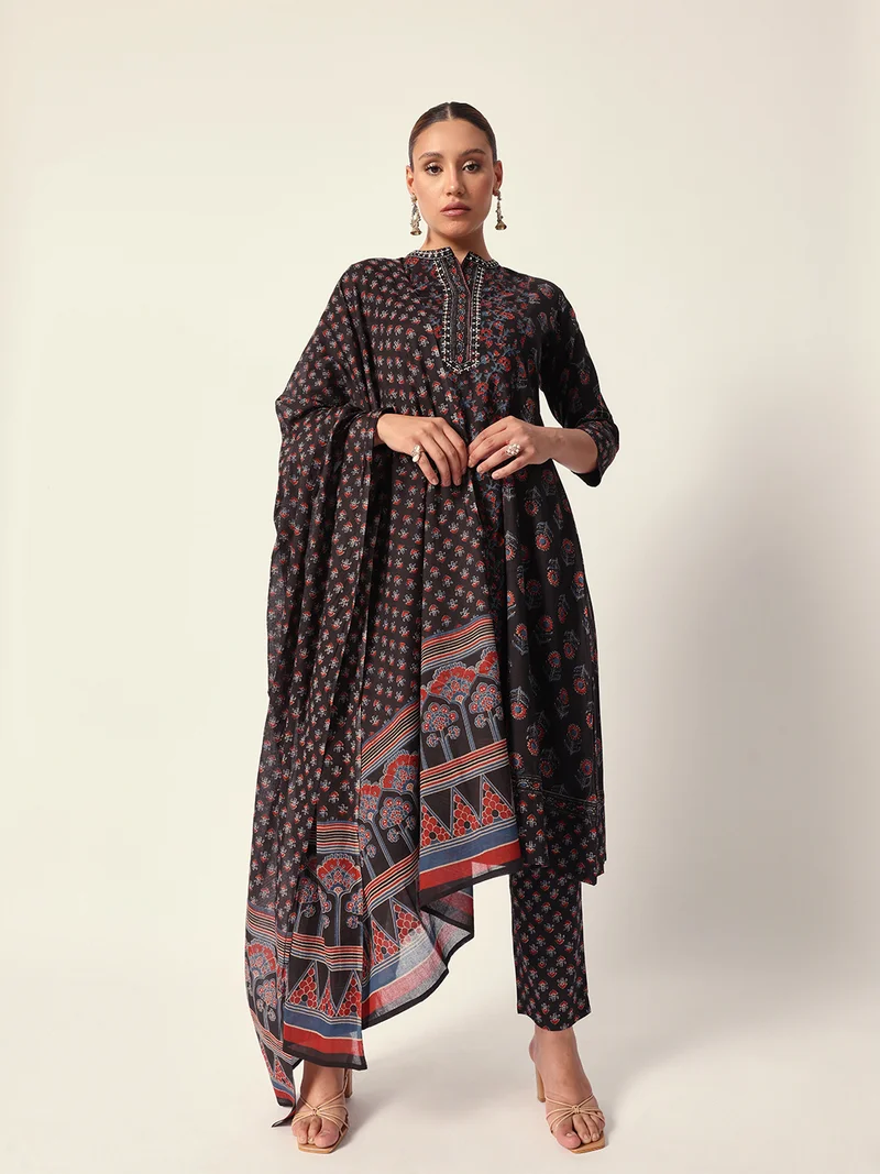 Women's Textured Cotton Kurta Palazzo Set Black
