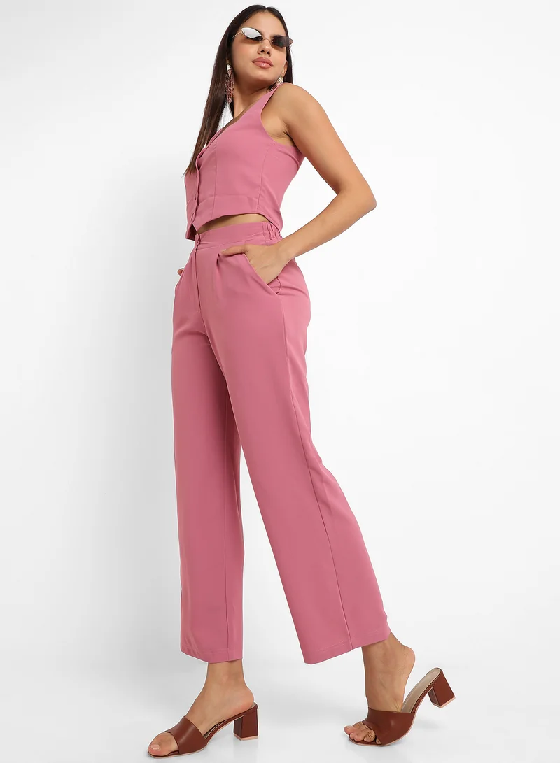 Women's Sleeveless V-Neck Vest Co-ord Set Pink
