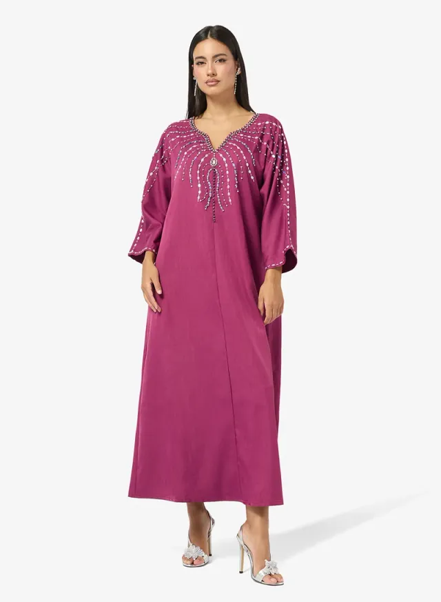 Deep Rose Embellished Jalabiya for Women - Long Sleeves, Full Length, Relaxed Fit – image 4