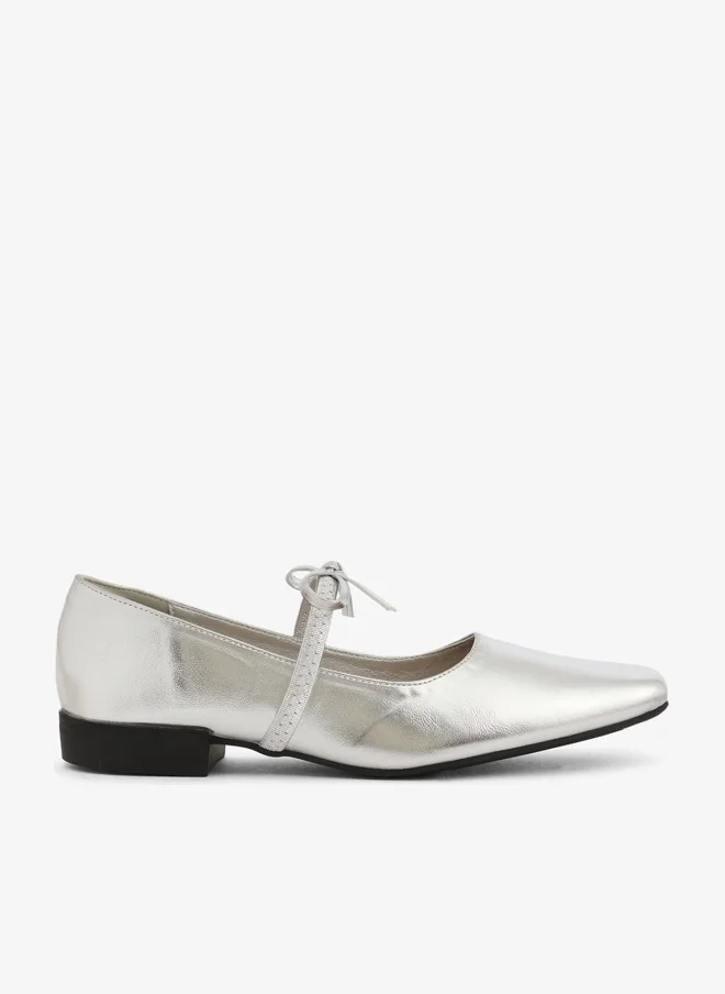 Metallic Bow Strap Ballet Flats Silver