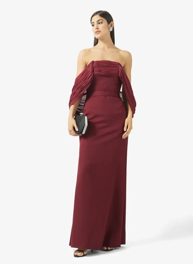 Burgundy Off-Shoulder Asymmetric Maxi Evening Gown – image 4