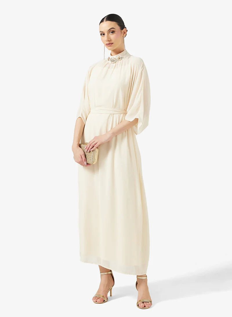Embellished Neck Kaftan Cream