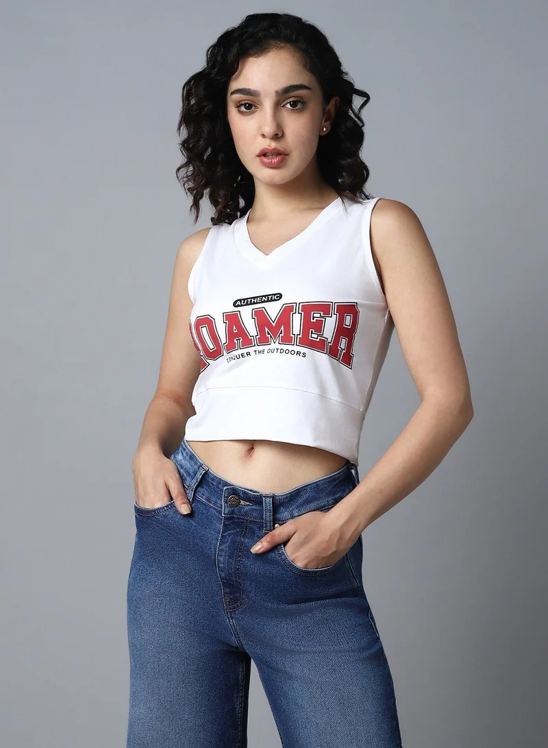 Women's Sleeveless V-Neck Crop Top White
