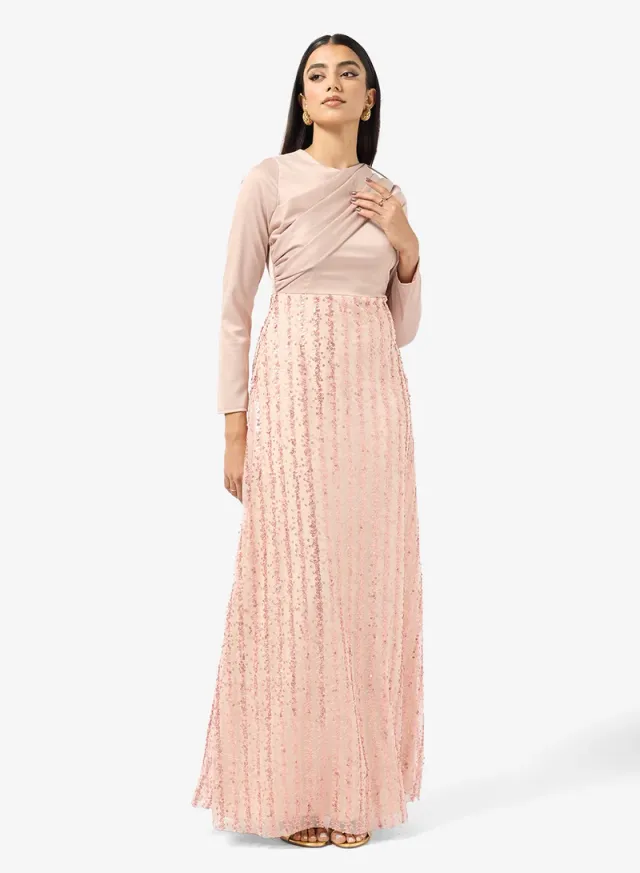 Blush Pink Maxi Fit & Flare Dress with Embellished Bodice – image 4
