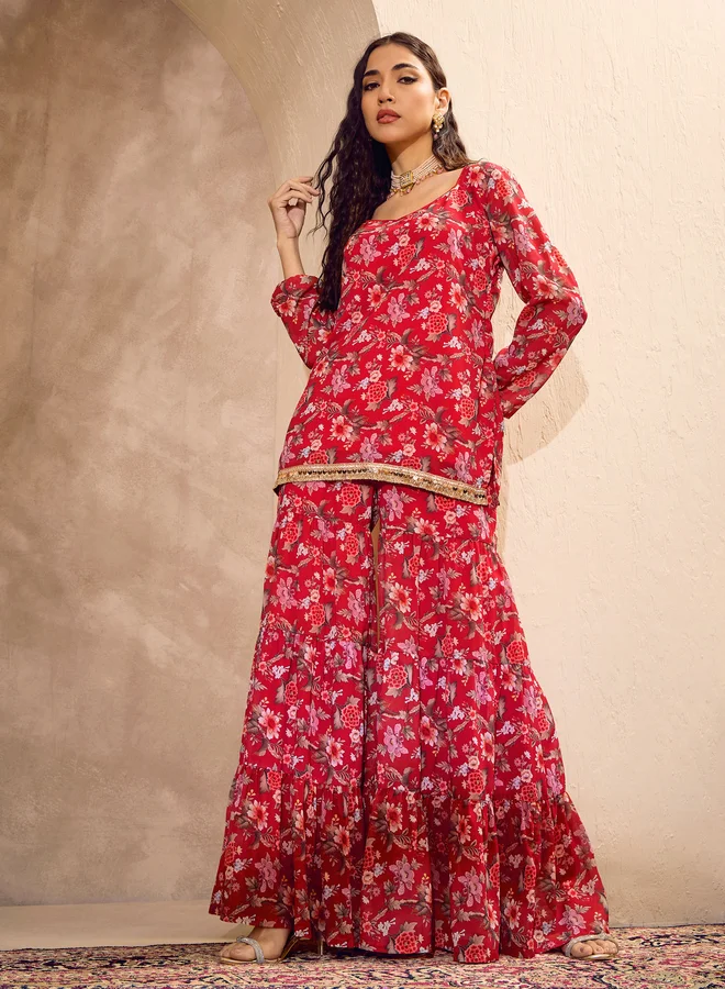 Floral Print Kurta and Tiered Sharara Set Bright Maroon