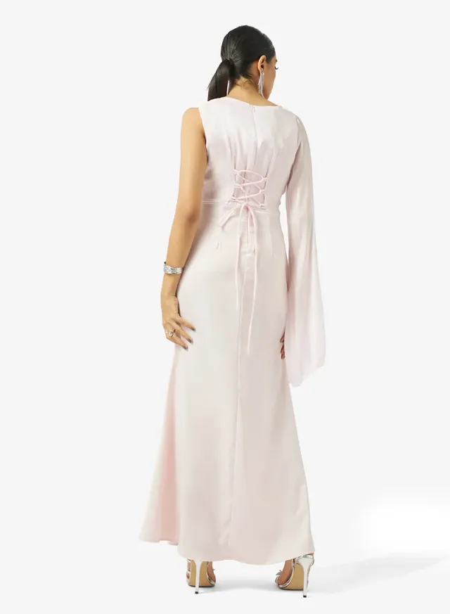 Light Pink Maxi Fit & Flare Dress with Asymmetrical Neck and Long Sleeves – image 2