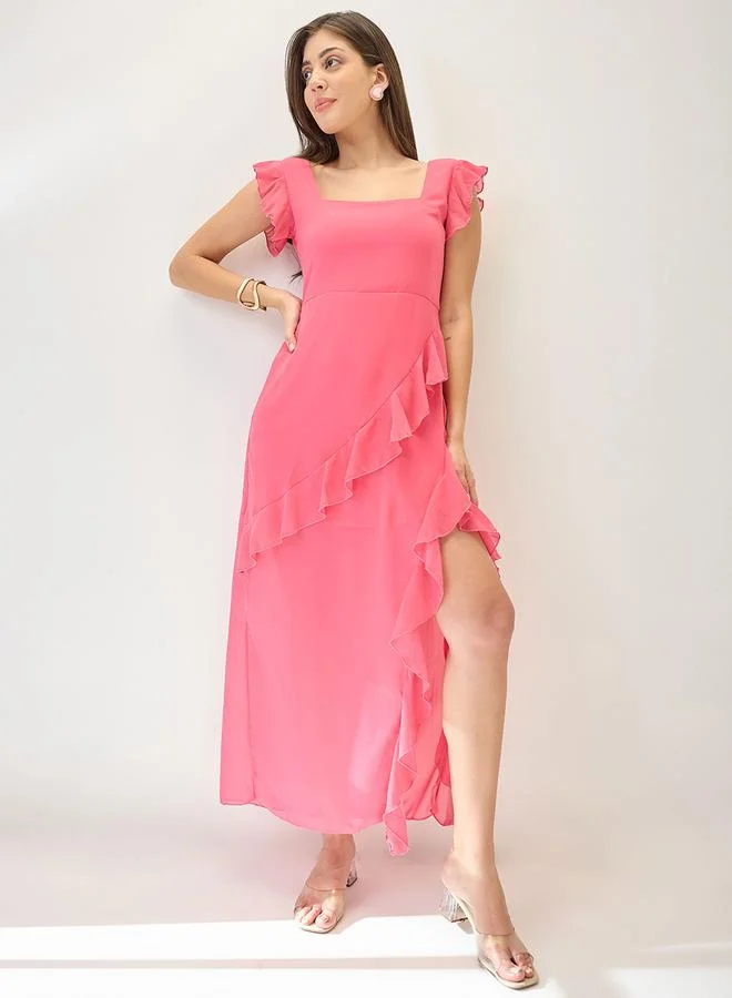 Square Neck Ruffle Hem Maxi Dress Hot Pink