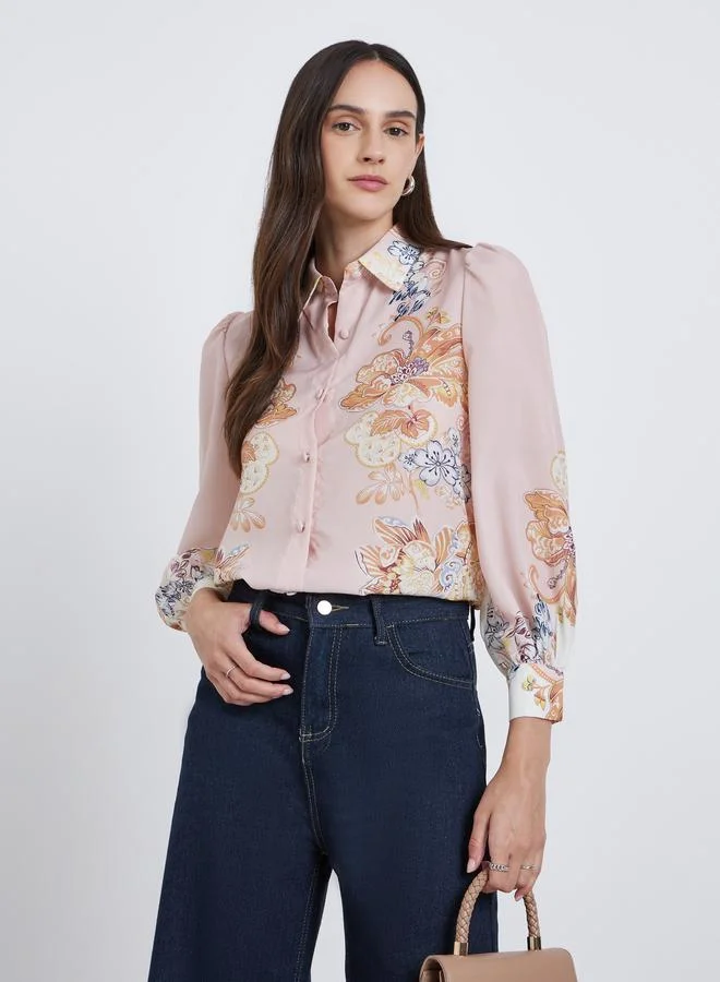 Styli Floral Placement Print Buttoned Shirt Light Pink