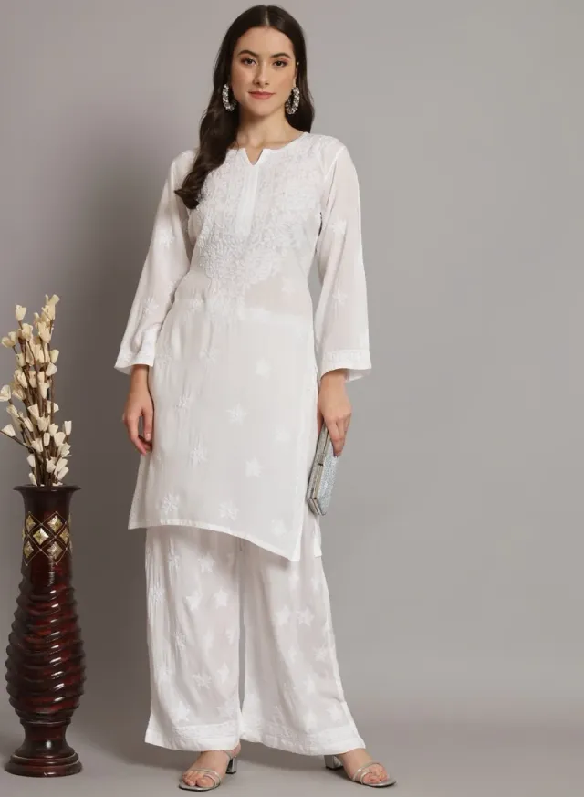Women's White Modal Chikankari Embroidered Kurta Set – image 7