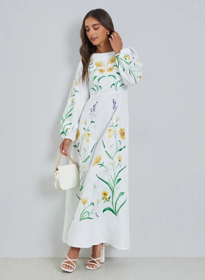 Floral Balloon Sleeve Maxi Dress White
