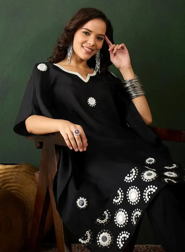 Black Viscose Silk Embellished Tunic Top & Palazzo Set – image 6