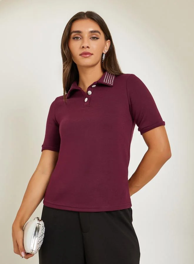 Embellished Collar Polo T-Shirt Burgundy