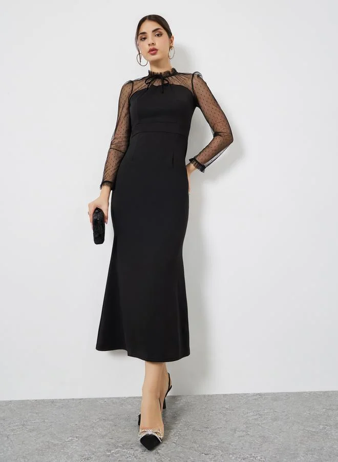Mesh Long Sleeve Maxi Dress Black