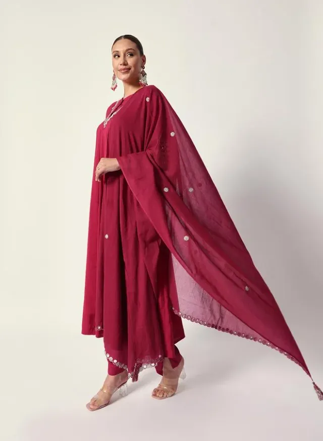 Women's Maroon Silk Embroidered Kurta with Palazzo Set – image 6