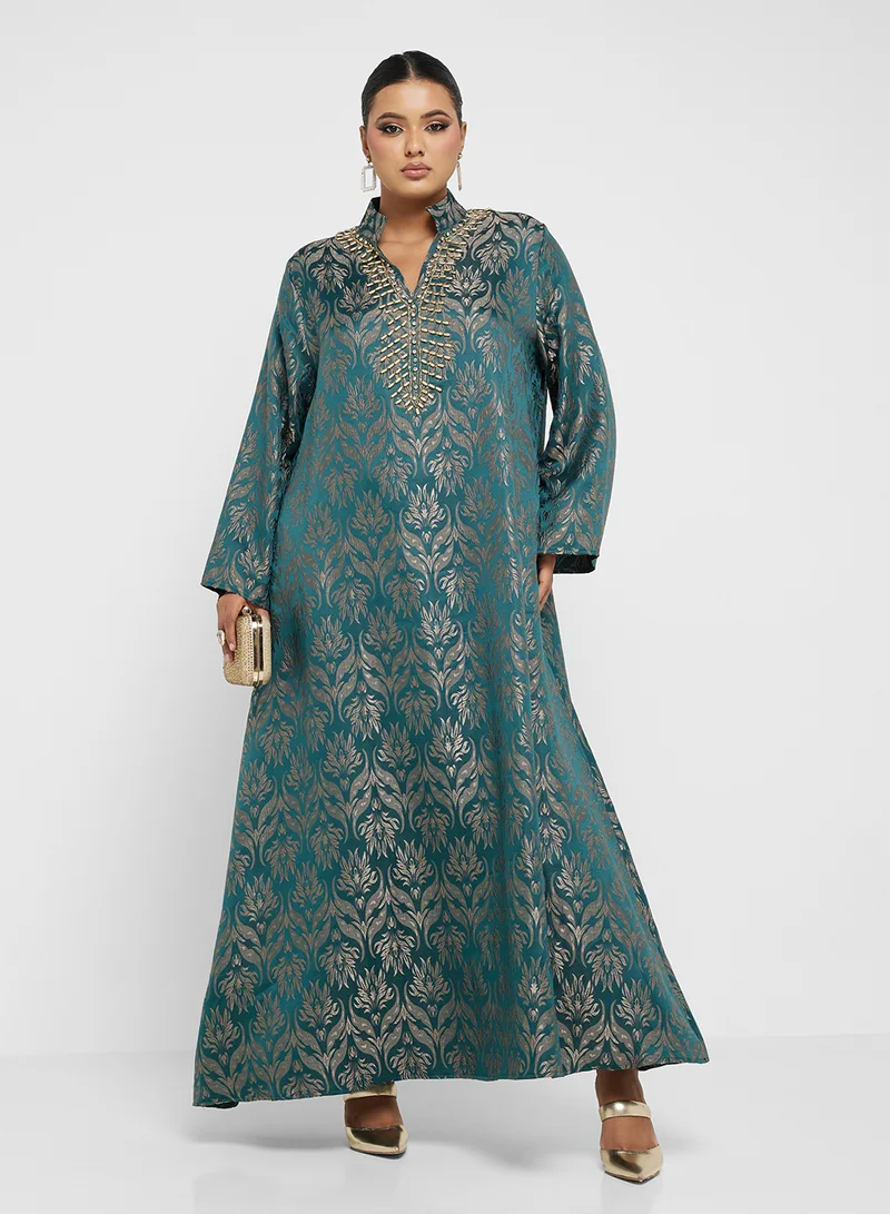 Plus Size Embroidered Jalabiya Green