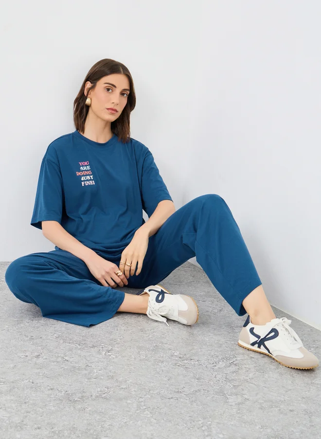 Slogan Print Relaxed Fit Top and Joggers Co-ord Blue
