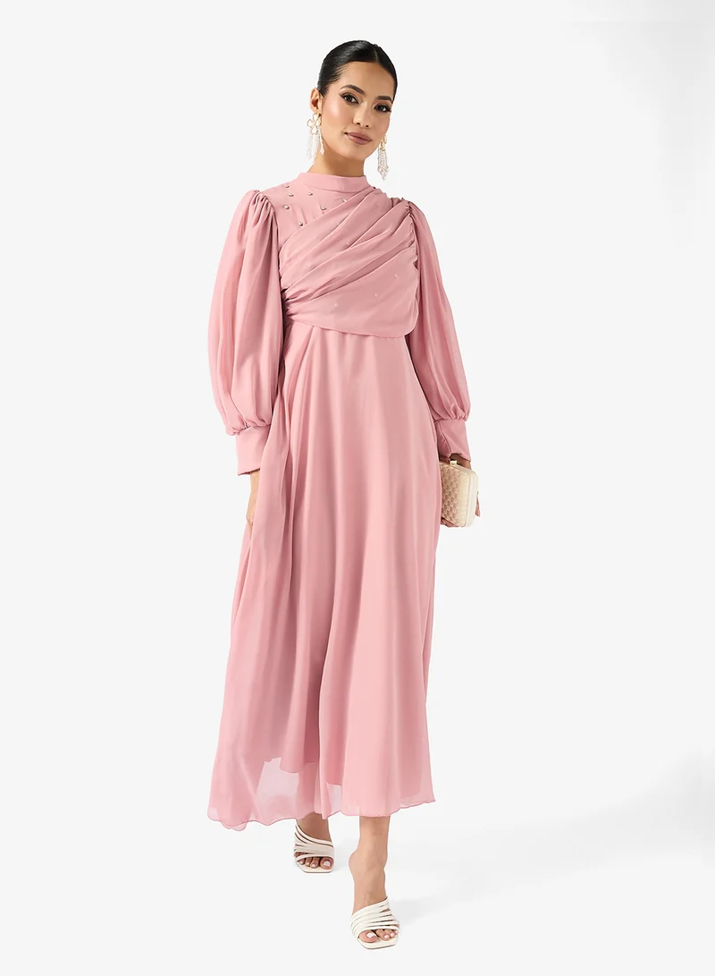 Draped Puff Sleeve A-Line Dress Pastel Pink